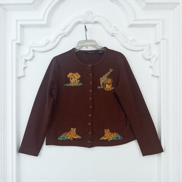 Reference Point Animal Cardigan Sweater Giraffe Lion Tiger Elephant Sz M Safari - Picture 1 of 8